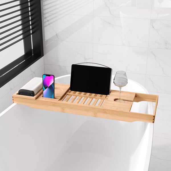 Badekarshylde i Bambus & Rustfrit Stål - Justerbar 75-105 cm, Natur