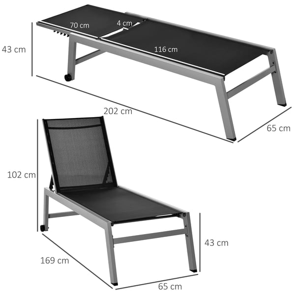 Outsunny afslapningsstol liggestol 5-trins ryglæn aluminium sort 169x65x102cm