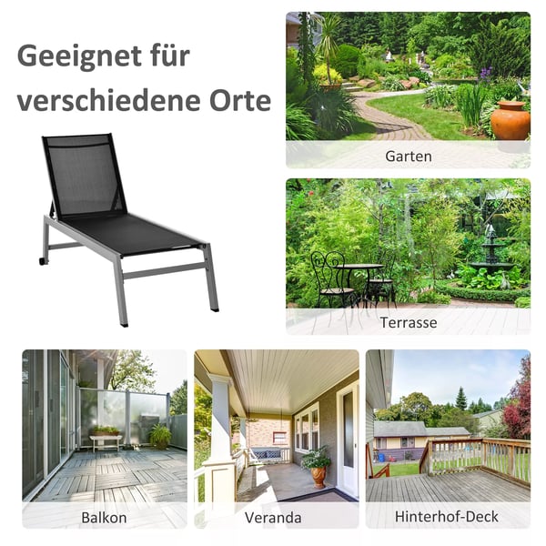 Outsunny afslapningsstol liggestol 5-trins ryglæn aluminium sort 169x65x102cm