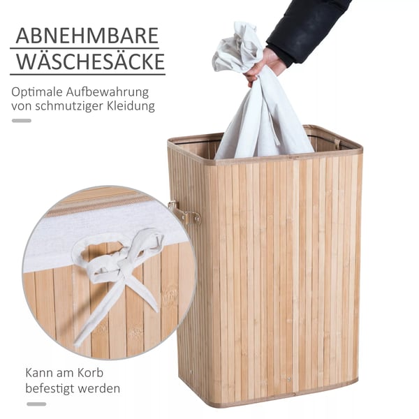 HOMCOM Bambu Pyykkikori Kannella ja Kangaspussilla - 72L, Luonnollinen