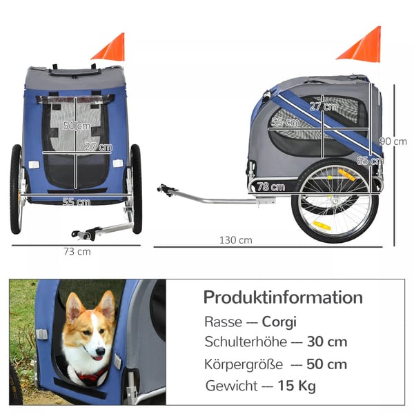Hundetrailer til cykel, Oxfordstof, vandafvisende, åndbar, 130x73x90cm, Blå