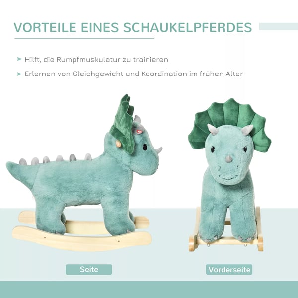 HOMCOM Triceratops gyngedyr i mørkegrøn, plys, træ og metal, 64 x 30 x 54 cm