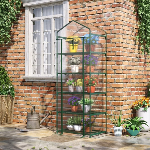 Outsunny foliedrivhus med 5 hylder, mini-drivhus, til blomster eller grøntsager, væksthus, gennemsigtig+grøn, 69x49x193 cm