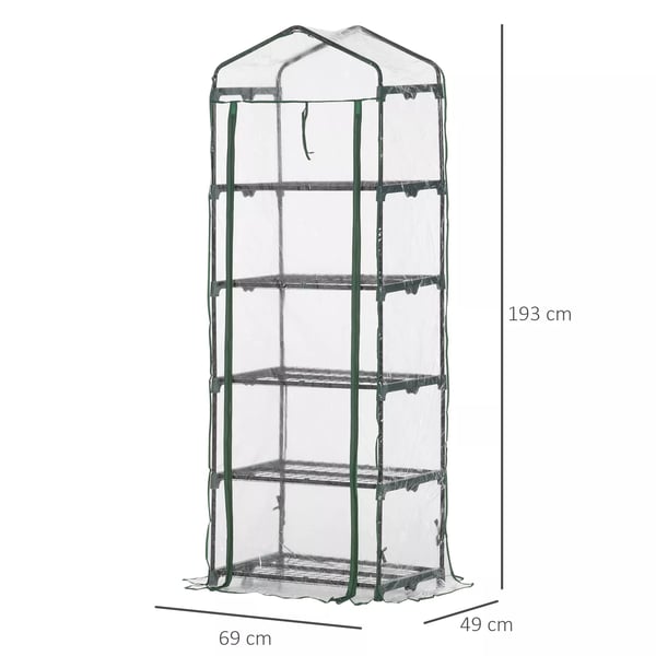 Outsunny foliedrivhus med 5 hylder, mini-drivhus, til blomster eller grøntsager, væksthus, gennemsigtig+grøn, 69x49x193 cm