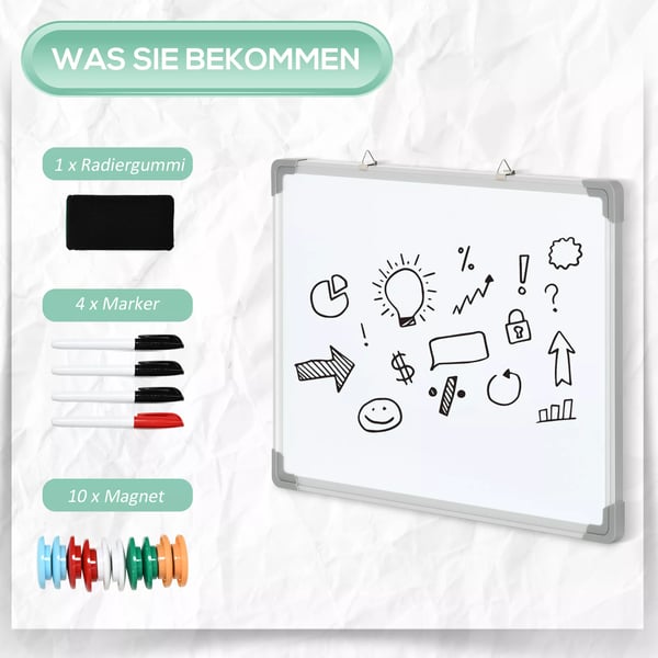 HOMCOM Magnetisk Whiteboard Tavel 60x45cm - Galvaniseret Stål, Aluminium, Inkl. Tusser & Magneter