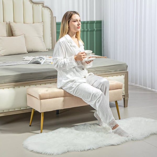 Opbevaringsbænk med Låg - Polstret Sengebænk i Beige Fløjl (Polyester) - 102x35x43 cm