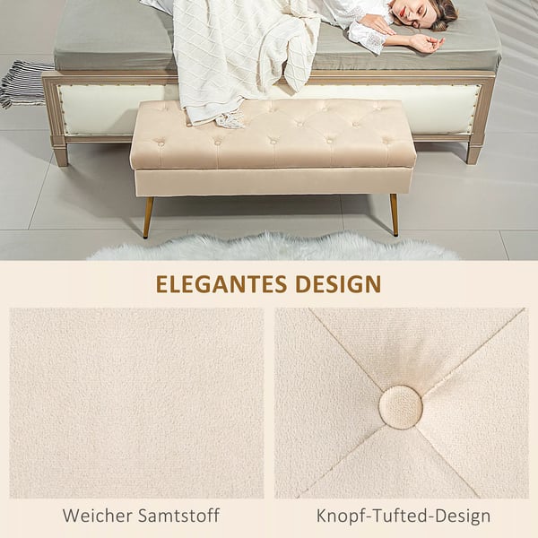 Opbevaringsbænk med Låg - Polstret Sengebænk i Beige Fløjl (Polyester) - 102x35x43 cm