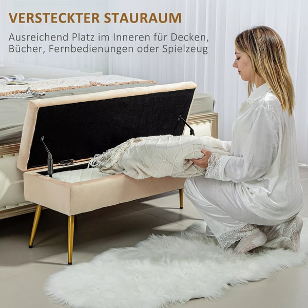 Opbevaringsbænk med Låg - Polstret Sengebænk i Beige Fløjl (Polyester) - 102x35x43 cm