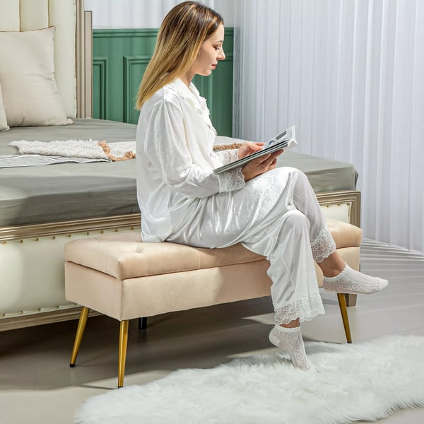 Opbevaringsbænk med Låg - Polstret Sengebænk i Beige Fløjl (Polyester) - 102x35x43 cm