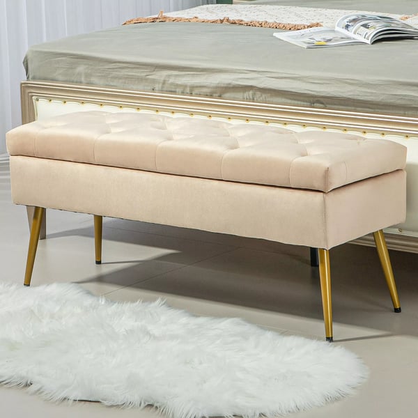 Opbevaringsbænk med Låg - Polstret Sengebænk i Beige Fløjl (Polyester) - 102x35x43 cm