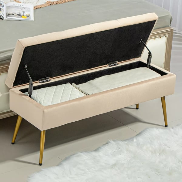 Opbevaringsbænk med Låg - Polstret Sengebænk i Beige Fløjl (Polyester) - 102x35x43 cm