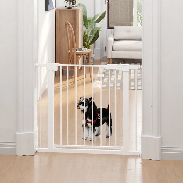 PawHut Sikkerhedsgitter til Hunde - Justerbart 75-96cm, Automatisk Lukning, Hvid Metal