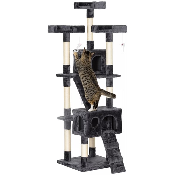 Kradsetræ til katte XXL, flertrins klatretræ med flere platforme og huse, grå, 49x49x173 cm
