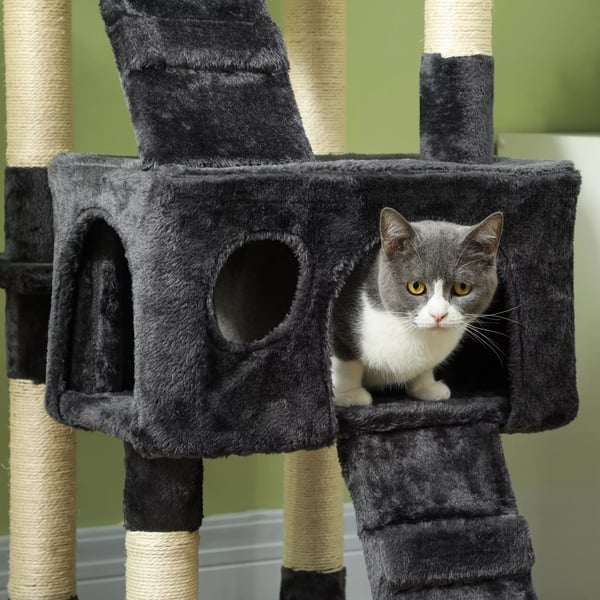 Kradsetræ til katte XXL, flertrins klatretræ med flere platforme og huse, grå, 49x49x173 cm