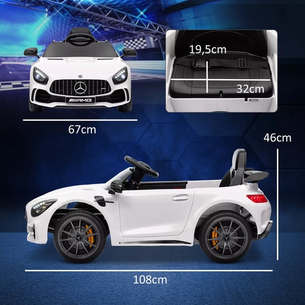 AIYAPLAY Mercedes-Benz AMG GTR Børne Elbil 12V - Hvid Plastik med Fjernbetjening, Musik og Lys