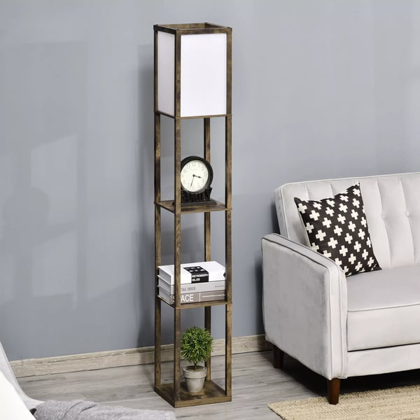 Golvlampa med hylla, rustik brun och vit, MDF, 26x26x160 cm