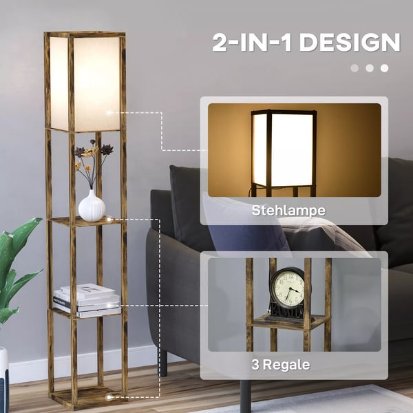 Golvlampa med hylla, rustik brun och vit, MDF, 26x26x160 cm