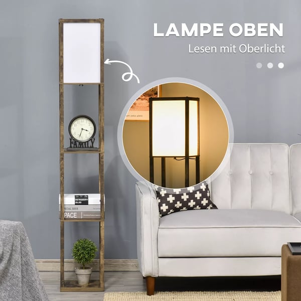 Golvlampa med hylla, rustik brun och vit, MDF, 26x26x160 cm