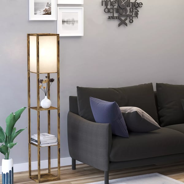 Golvlampa med hylla, rustik brun och vit, MDF, 26x26x160 cm