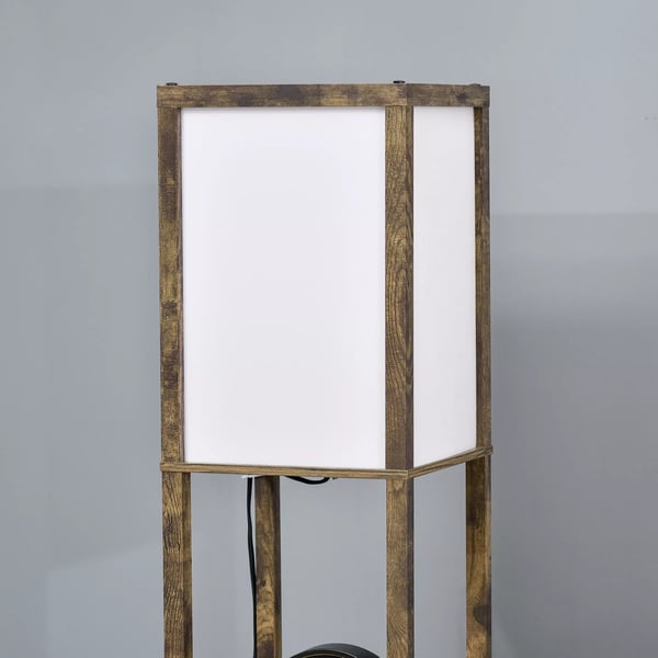 Golvlampa med hylla, rustik brun och vit, MDF, 26x26x160 cm