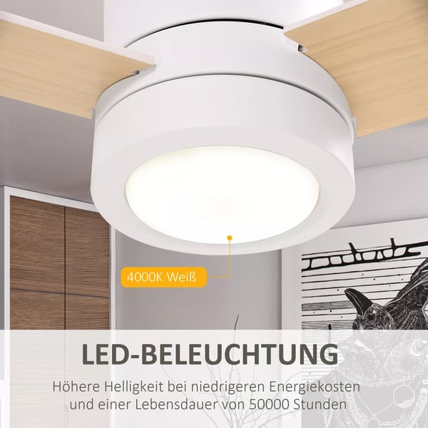 HOMCOM Loftventilator med Lys og Fjernbetjening - 112 cm, Hvid Metal