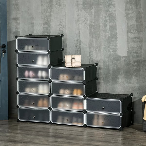 HOMCOM skoskab med 12 rum, modulær reol til 12 par sko, DIY-stiksystem, skoopbevaring til gang, sort, 49 x 37 x 108 cm