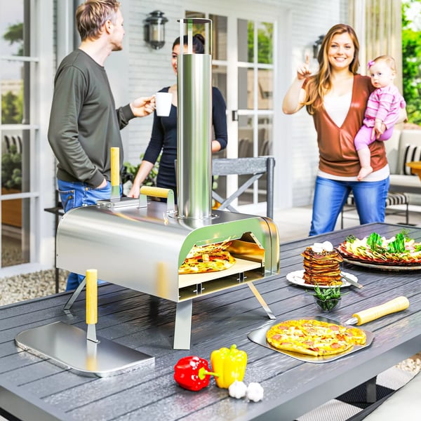 Outsunny Outdoorkøkken Pizzaovn, Træfyret Pizzaovn i Rustfrit Stål, Ovn med 1 cm Pizzasten, Klapbare Ben, Pizzaspade, Låg, Bærbar Træovn Pizzagrill ti