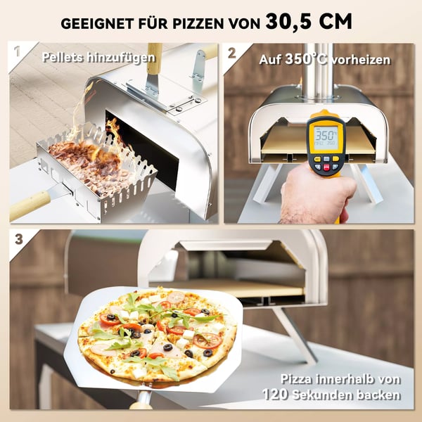 Outsunny Outdoorkøkken Pizzaovn, Træfyret Pizzaovn i Rustfrit Stål, Ovn med 1 cm Pizzasten, Klapbare Ben, Pizzaspade, Låg, Bærbar Træovn Pizzagrill ti