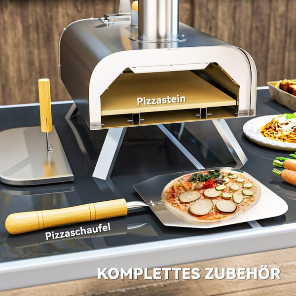 Outsunny Outdoorkøkken Pizzaovn, Træfyret Pizzaovn i Rustfrit Stål, Ovn med 1 cm Pizzasten, Klapbare Ben, Pizzaspade, Låg, Bærbar Træovn Pizzagrill ti