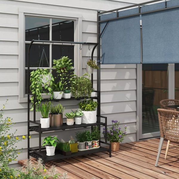 Outsunny plantestativ, blomsterstativ med 3 hylder, blomsterreol med 6 kroge, plantetrappe, planterol til haven, stål, sort, 110 x 50 x 170 cm