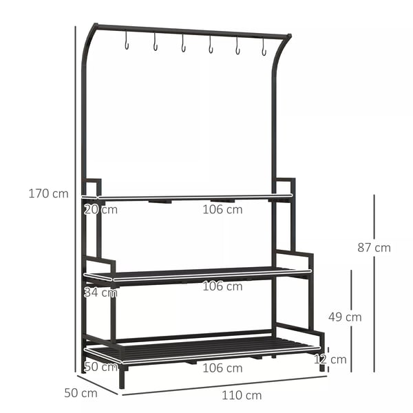 Outsunny plantestativ, blomsterstativ med 3 hylder, blomsterreol med 6 kroge, plantetrappe, planterol til haven, stål, sort, 110 x 50 x 170 cm
