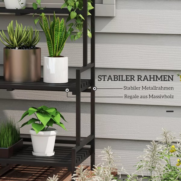 Outsunny plantestativ, blomsterstativ med 3 hylder, blomsterreol med 6 kroge, plantetrappe, planterol til haven, stål, sort, 110 x 50 x 170 cm