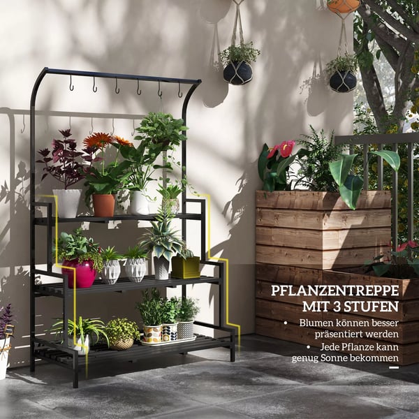 Outsunny plantestativ, blomsterstativ med 3 hylder, blomsterreol med 6 kroge, plantetrappe, planterol til haven, stål, sort, 110 x 50 x 170 cm