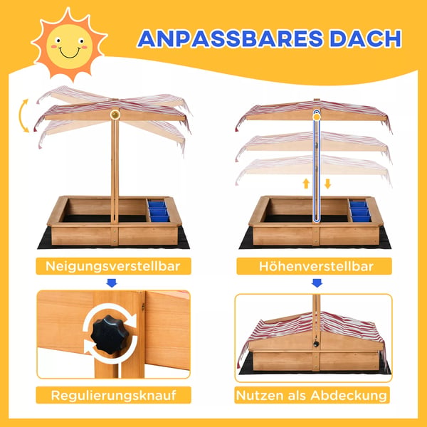 Outsunny Sandkasse i Træ med Solsejl - Gul, 107,5x107,5x110 cm
