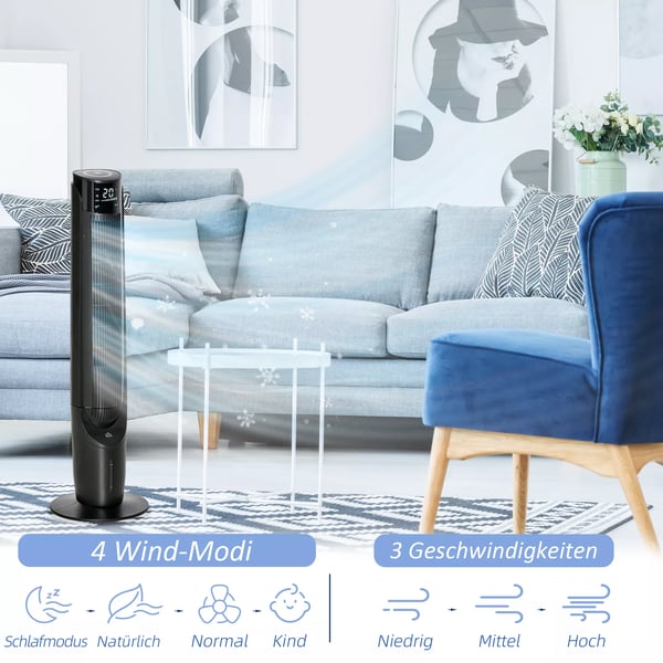 HOMCOM søjleventilator tårnventilator luftkøler 2-i-1 - 4 tilstande, 3 hastigheder, fjernbetjening, timer, oscillerende - Sort