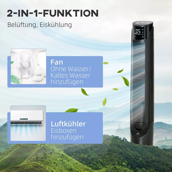 HOMCOM søjleventilator tårnventilator luftkøler 2-i-1 - 4 tilstande, 3 hastigheder, fjernbetjening, timer, oscillerende - Sort