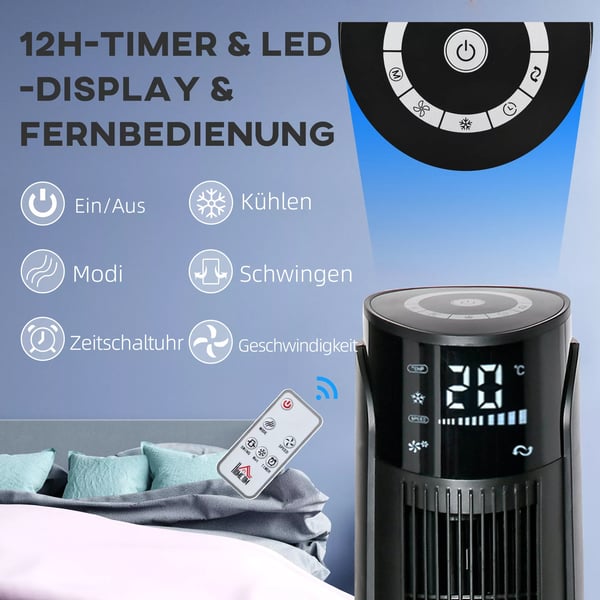 HOMCOM søjleventilator tårnventilator luftkøler 2-i-1 - 4 tilstande, 3 hastigheder, fjernbetjening, timer, oscillerende - Sort