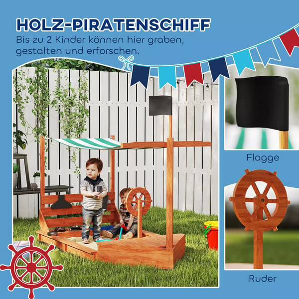Outsunny Sandkasse for Børn, Piratskib Design, Orange, Fyrretræ, 180x103x144.5 cm