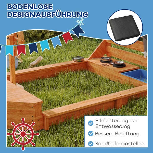 Outsunny Sandkasse for Børn, Piratskib Design, Orange, Fyrretræ, 180x103x144.5 cm