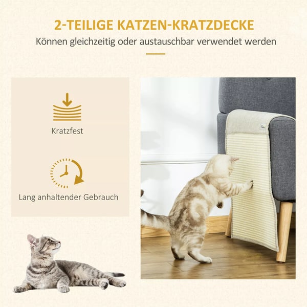 PawHut klösmatta 2-pack, soffskydd för katter, klösmatta i sisal, beige och grå, 130x45x0,3 cm, för fåtölj och soffa