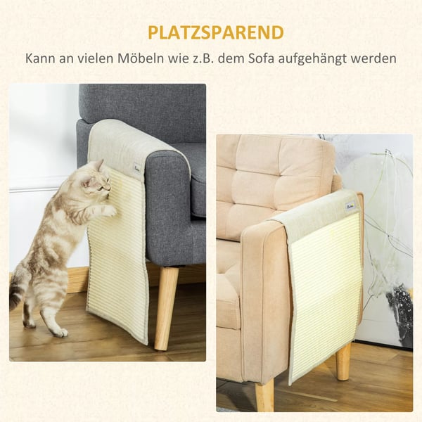 PawHut klösmatta 2-pack, soffskydd för katter, klösmatta i sisal, beige och grå, 130x45x0,3 cm, för fåtölj och soffa