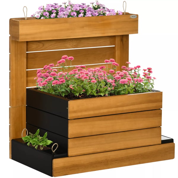 Outsunny Højbed i Gran Træ med 4 Plantekasser, Selv-vandingssystem og Fiberdug - Brun, 79.5x49.5x80 cm