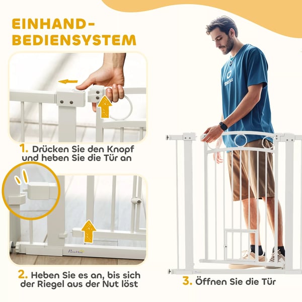 Hundgaller för dörrar, 76-104 cm trappgaller utan borrning, låsbart trappskyddsgaller med kattdörr, skyddsgrind för stora hundar, stål, vit