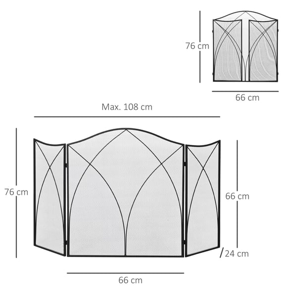 kokoontaitettava takkasuoja, 3-paneelinen metallinen kipinäsuoja, 126x76 cm, musta