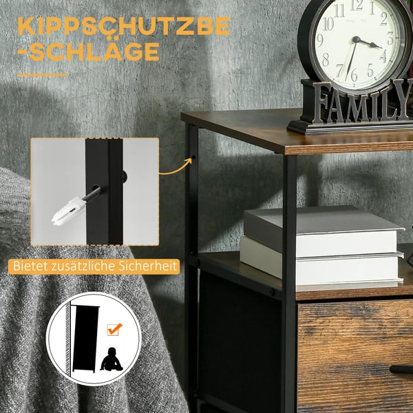 HOMCOM kommode, opbevaringsskab med foldbare stofskuffer, reol i industriel stil, sidebord til stuen, rustik brun
