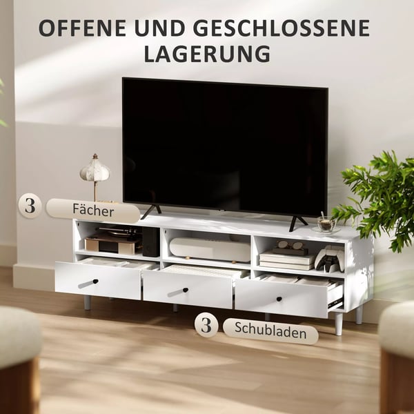 HOMCOM TV-skab/bord i hvid, spånplade, 140 cm med 3 skuffer og åbne rum