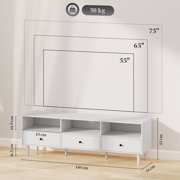 HOMCOM TV-skab/bord i hvid, spånplade, 140 cm med 3 skuffer og åbne rum