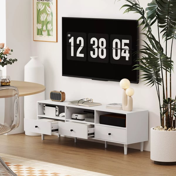 HOMCOM TV-skab/bord i hvid, spånplade, 140 cm med 3 skuffer og åbne rum
