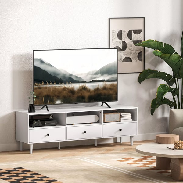 HOMCOM TV-skab/bord i hvid, spånplade, 140 cm med 3 skuffer og åbne rum