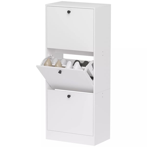 HOMCOM skoskåp med 3 fack, skohyll med justerbara hyllplan, smalt skoskåp för 12 par skor 47 x 28 x 115 cm, vit